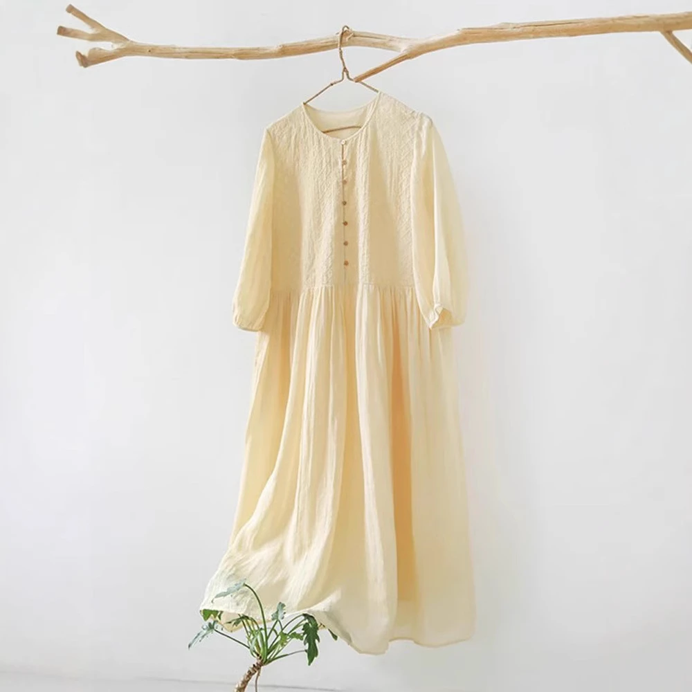 水溶刺绣圆领中长款泡泡袖韩版显瘦时尚连衣裙夏季气质长裙裙子