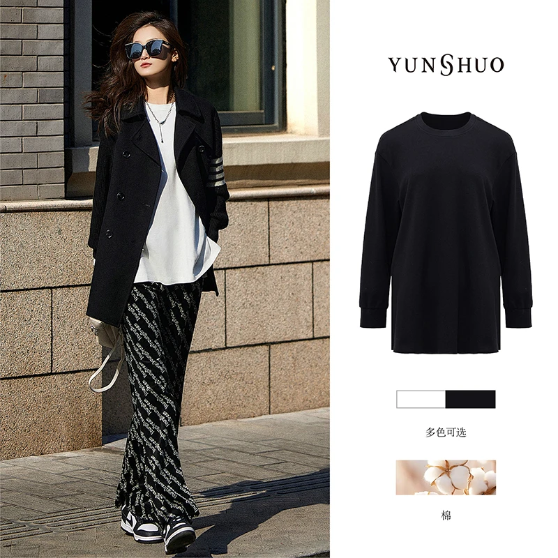 允硕长袖女春秋新款宽松圆领百搭出游休闲开叉长袖女上衣349567