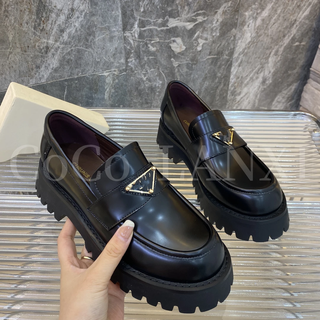 【沐风】圆头厚底乐福鞋时尚休闲百搭黑色真皮631-1