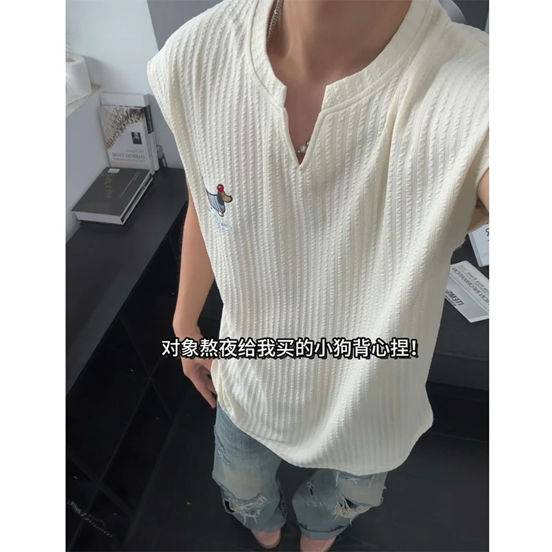 凉感腊肠狗刺绣v领背心男女夏季宽松设计感美式运动潮牌坎肩汗衫