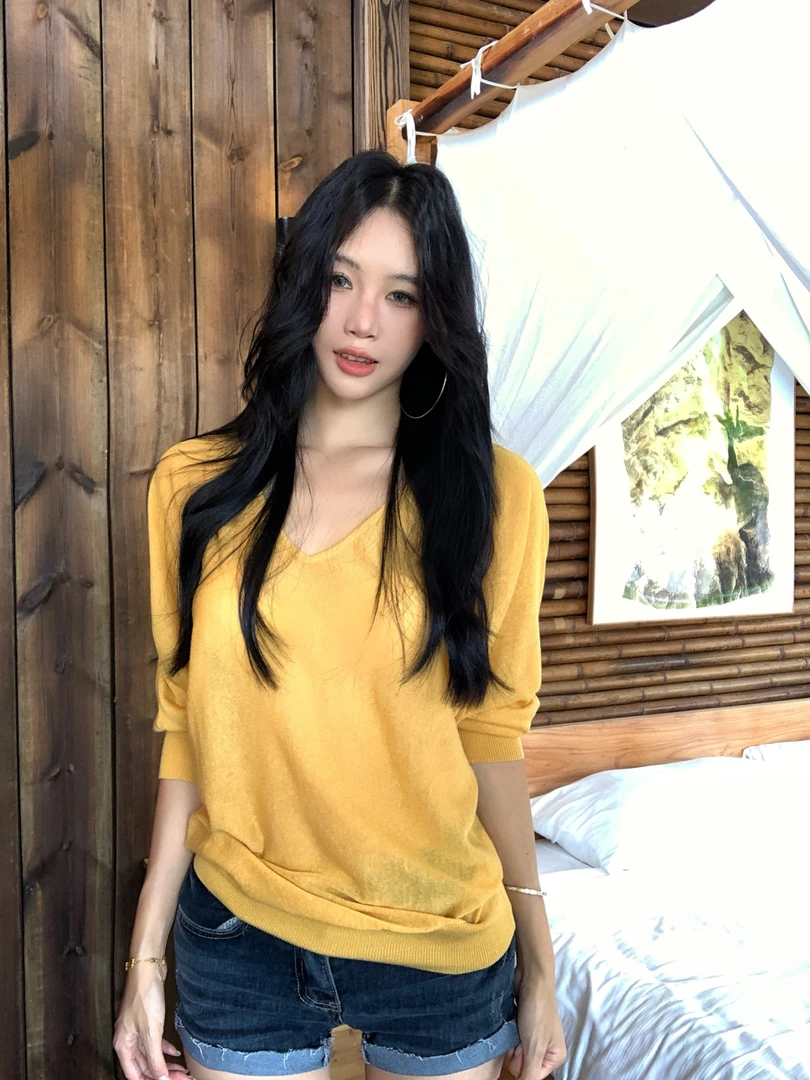 纯欲V领防晒短中袖t恤女夏设计感百搭宽松显瘦套头上衣