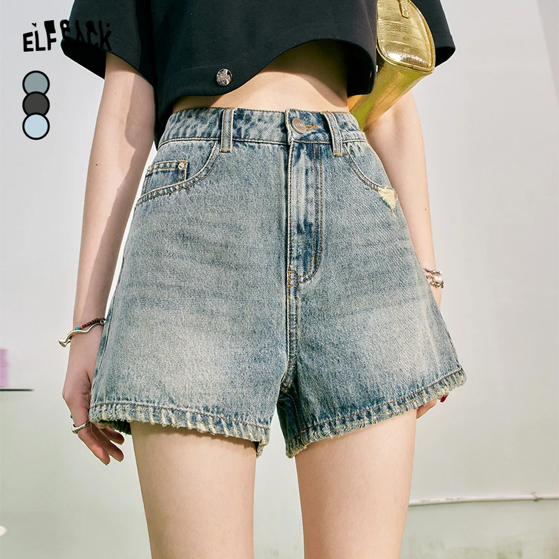 妖精的口袋惊天大长腿高腰a字牛仔短女2024夏新毛边破洞14209018
