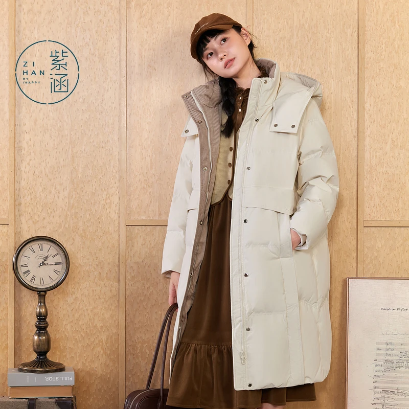 流光风 紫涵过膝立领连帽鸭绒羽绒服冬季长款羽绒外套Z4Z0JDS431