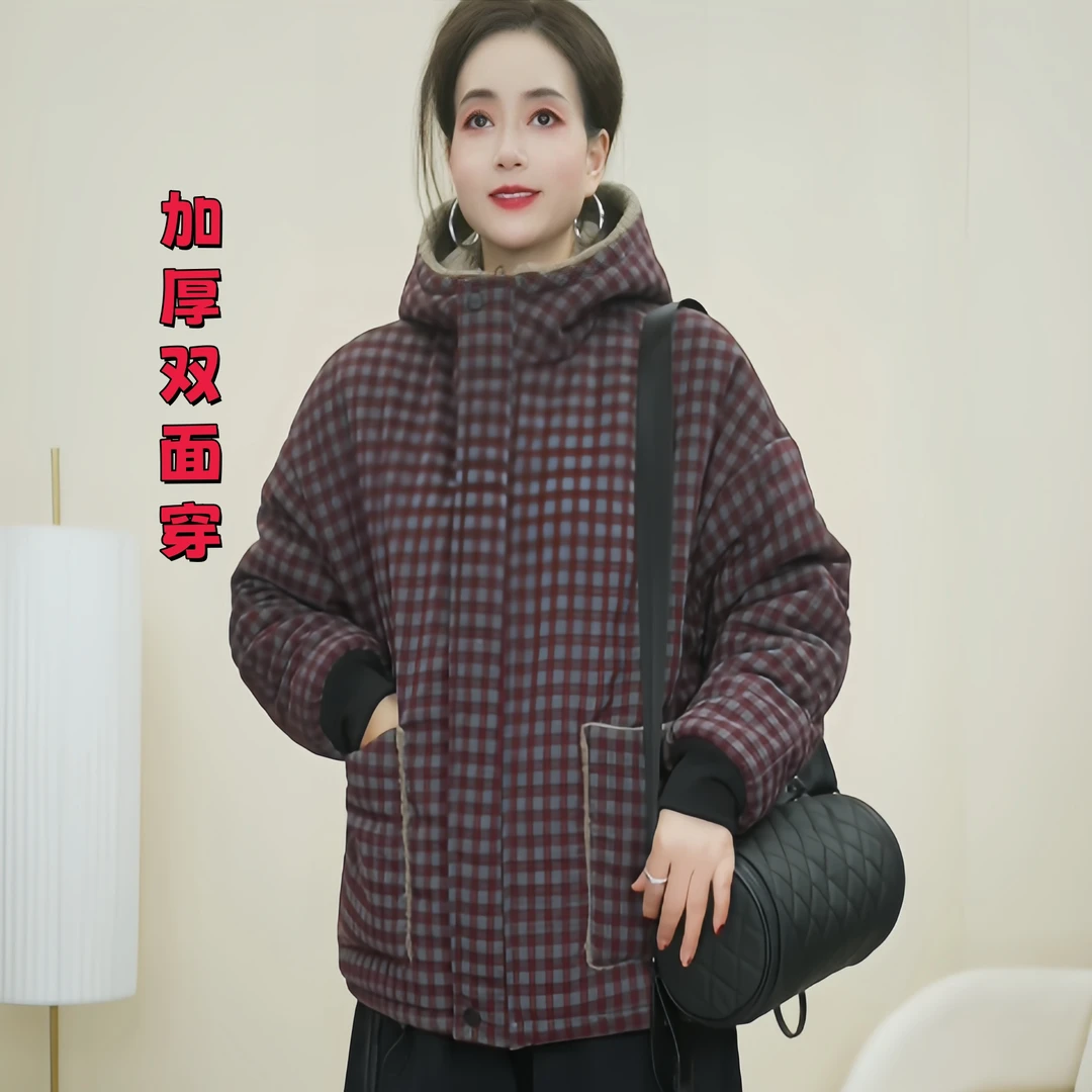 冬季新款休闲百搭双面穿连帽加厚棉服外套保暖防风格子棉衣女338
