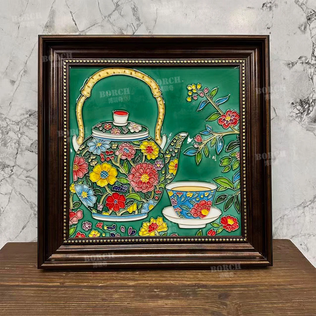 742博瑞奇翠间提壶繁花宴浮雕瓷板托盘挂墙装饰画装饰摆件09987