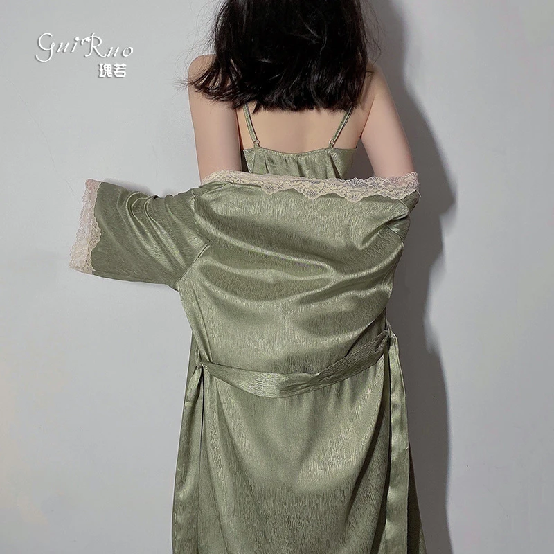 宽松吊带睡裙蕾丝拼接睡衣系带显瘦浴袍女家居服套装