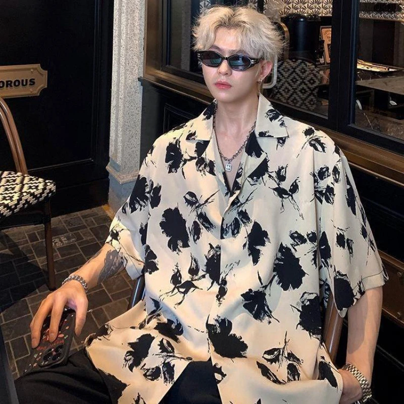 季冰丝复古衬衣痞帅风美式花衬衫感潮牌短袖外套夏威夷沙滩男夏