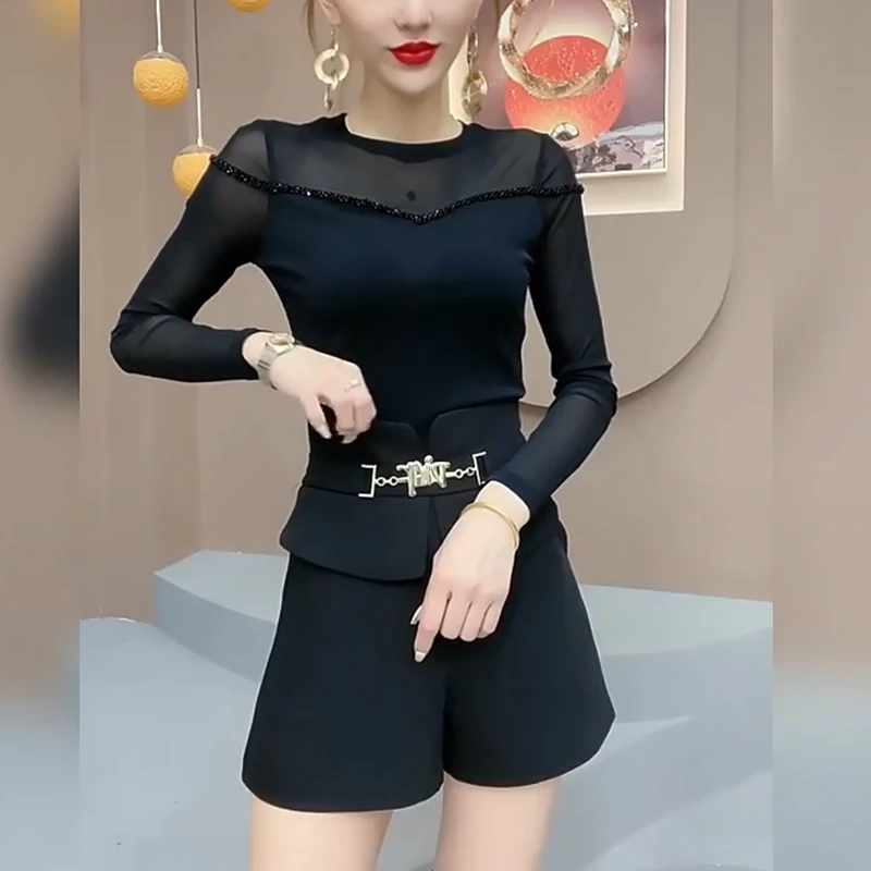 25春季半高领打底衫女新款显瘦内搭钉珠网纱上衣服长袖T恤