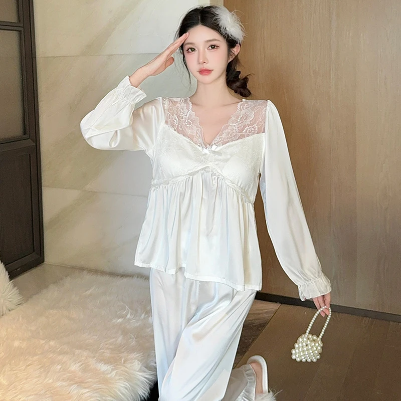 法式蕾丝带胸垫睡衣女春夏冰丝薄款纯欲风长袖长裤家居服可外穿薄