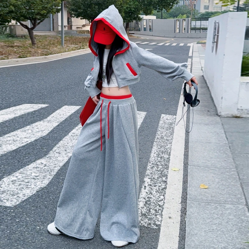 女童套装时尚运动撞色连帽卫衣外套双腰头阔腿裤两件套2025秋儿童