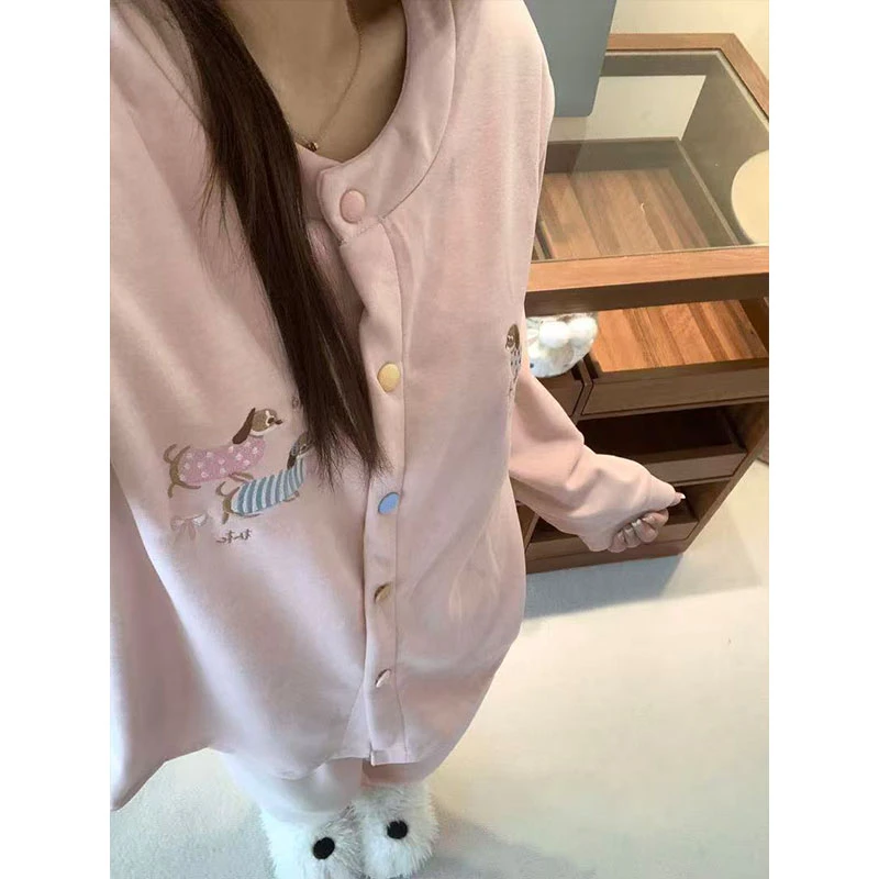 韩系腊肠狗刺绣少女睡衣女带胸垫秋冬季加厚保暖家居服套装可外穿