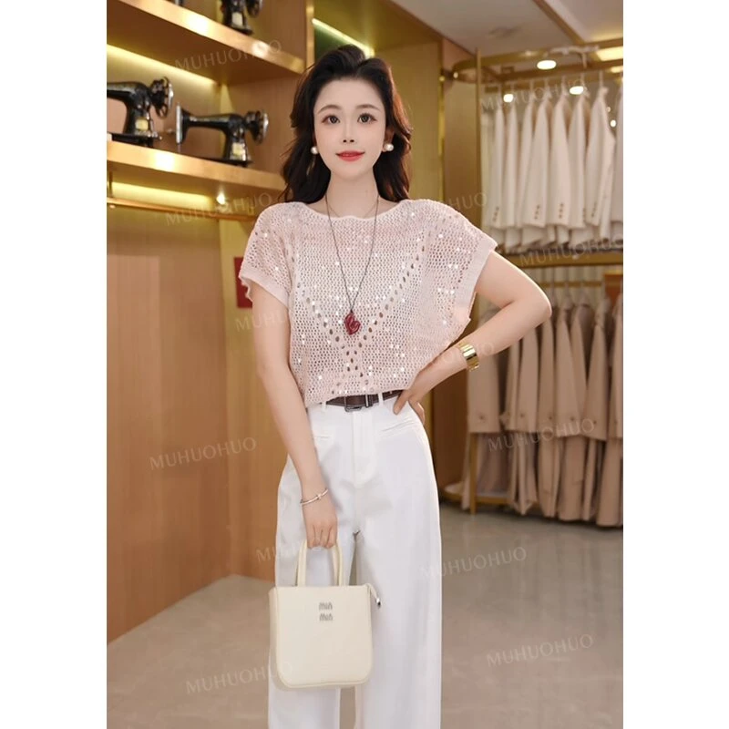 【宠粉福利】2025春夏新款时尚百搭针织设计师渐变色镂空休闲上衣女