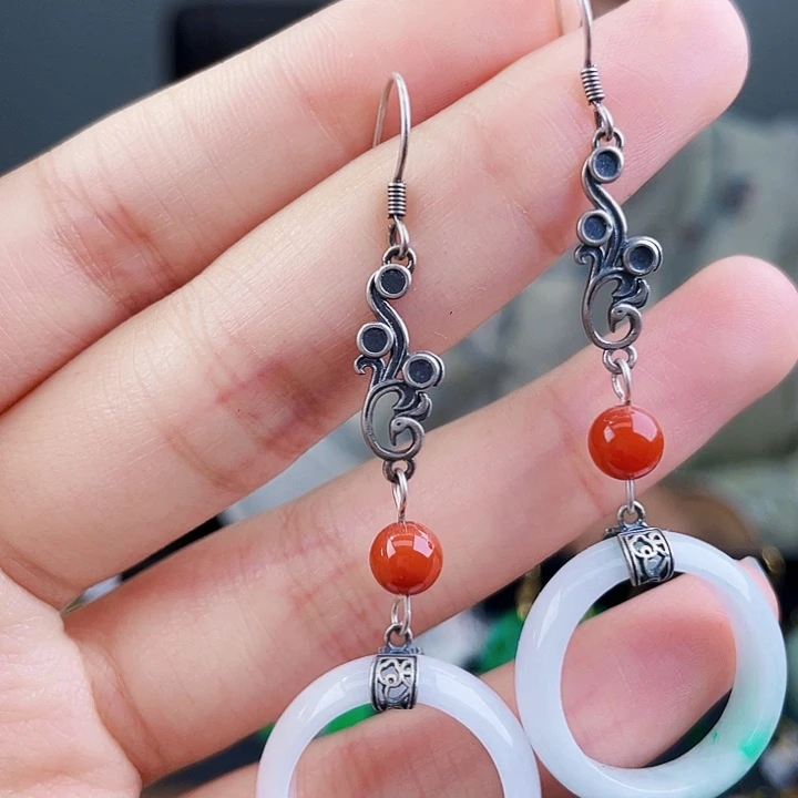 翡翠耳饰银S925镶嵌饰品