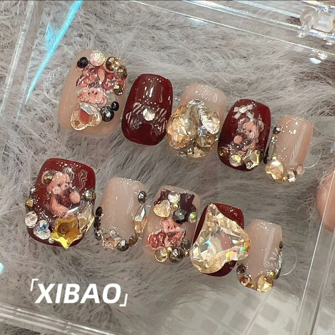 烘焙熊新年款手工酒红香槟色方形学生版短甲