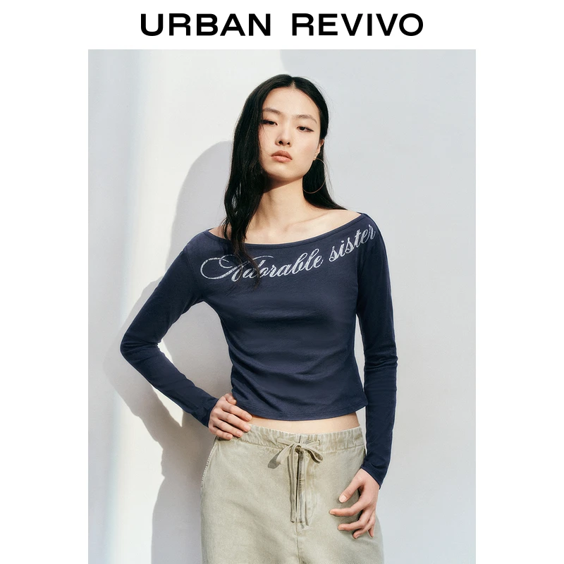 UR2025秋季新款女装创意字母短款修身一字领T恤UYY450041