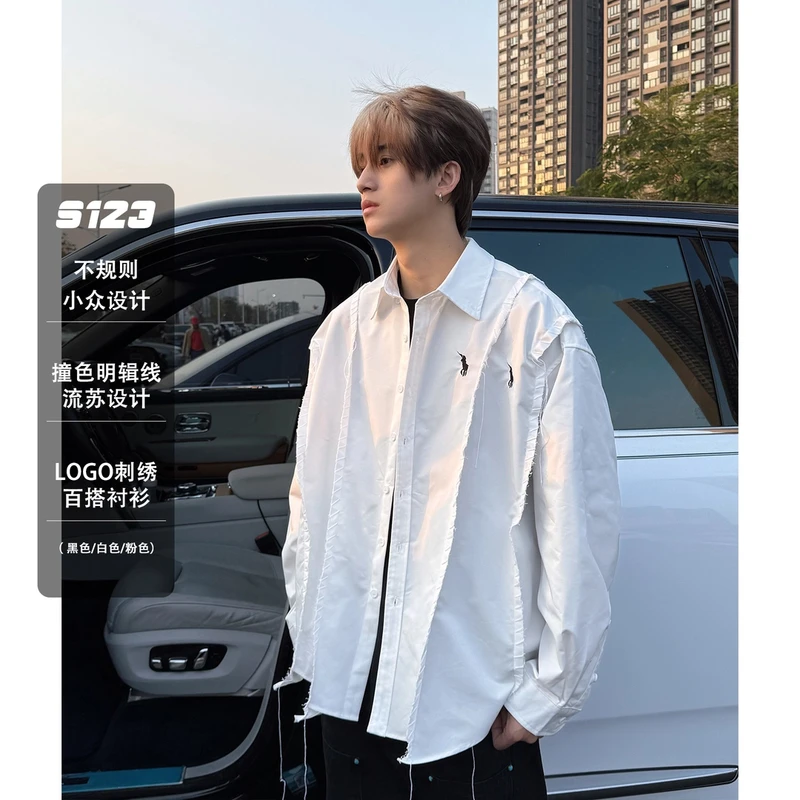 聪明陈美式复古不规则白线流苏衬衫男春季高级肌理感开衫长袖外套