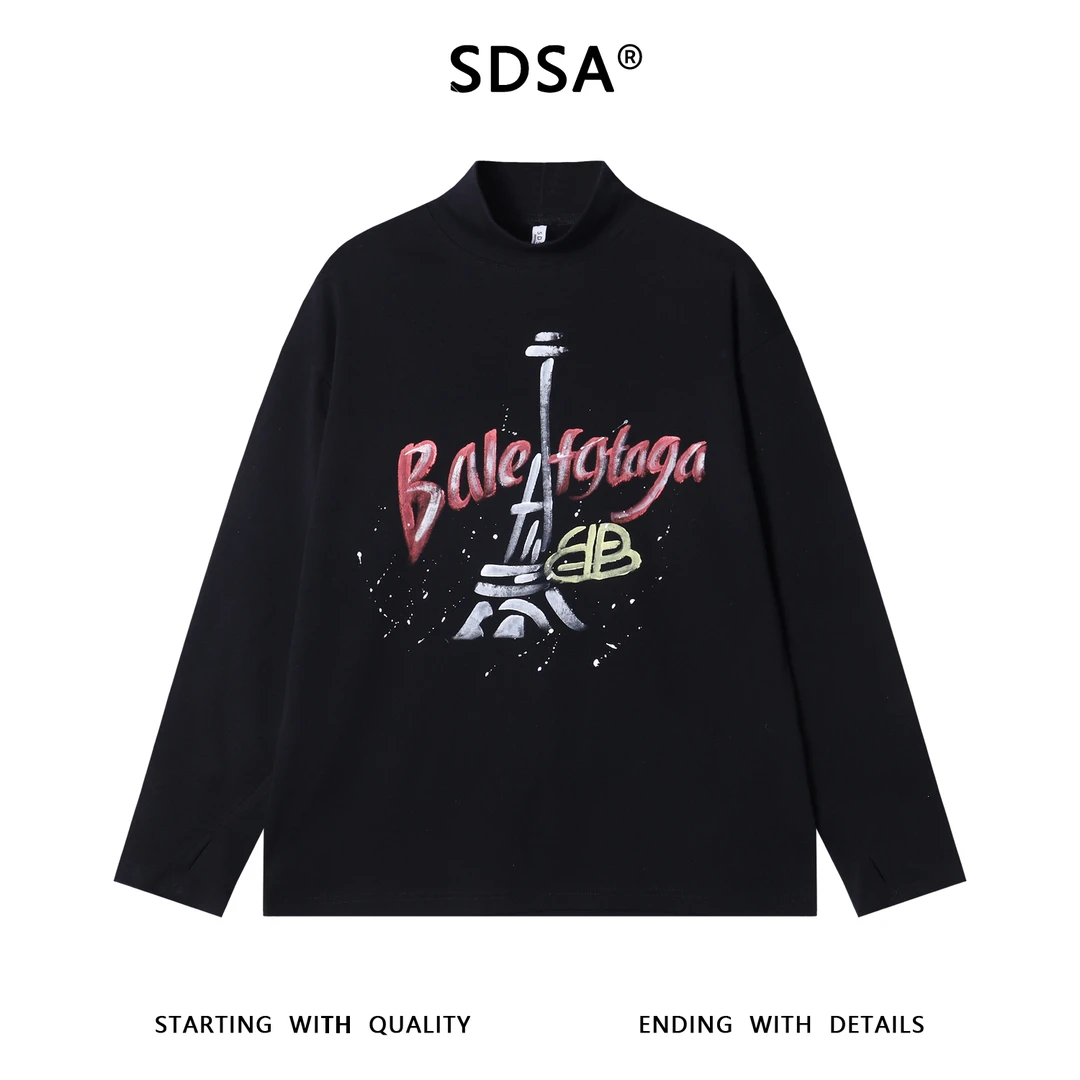 SDSA男士秋冬新款痞帅男装简约美式手绘字母印花半高领长袖T恤潮