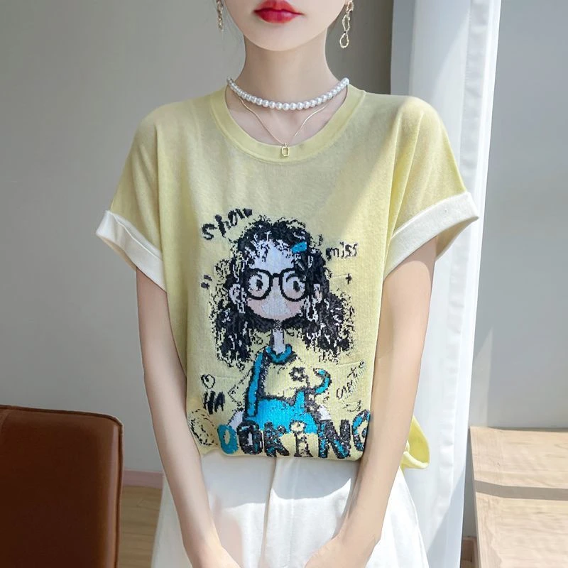夏季新款竹节麻卷发眼睛女孩印花拼色短袖T恤女圆领百搭针织上衣