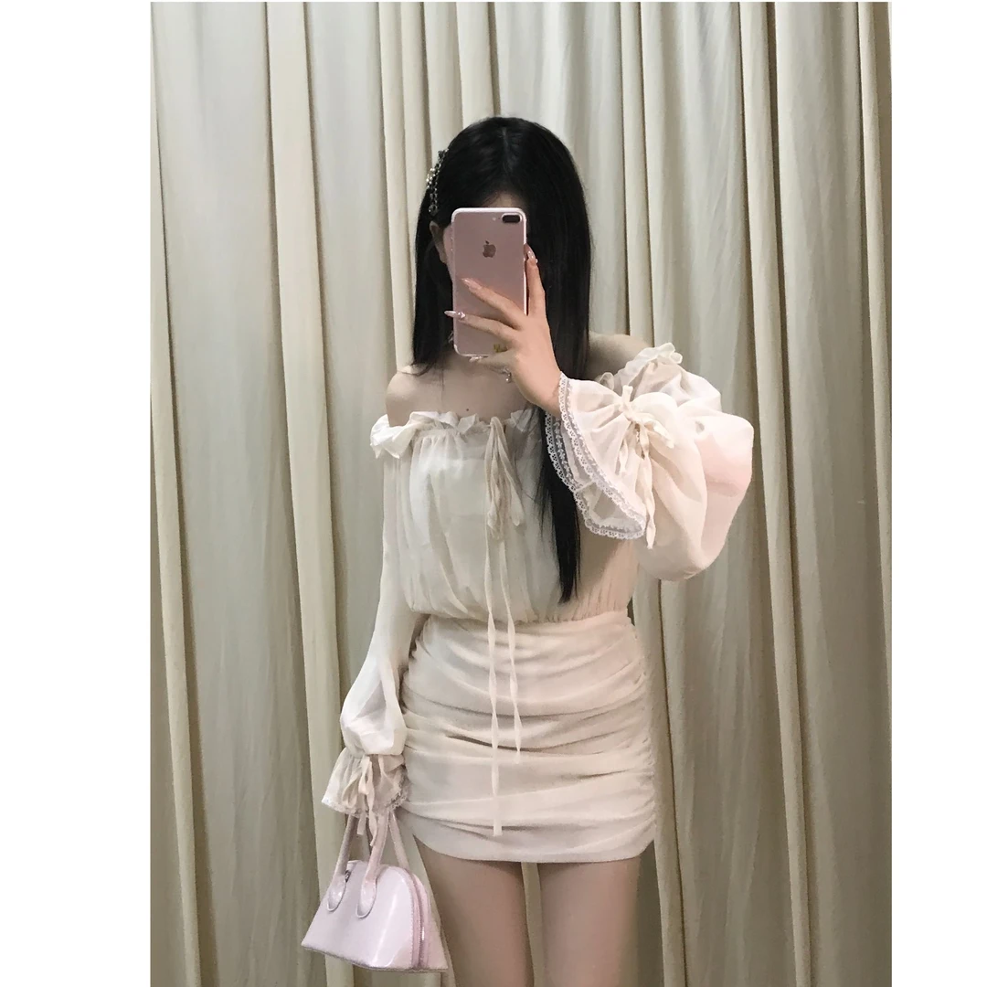 【江南美人】2025早秋新款纯欲气质收腰短裙包臀裙一字肩雪纺连衣裙