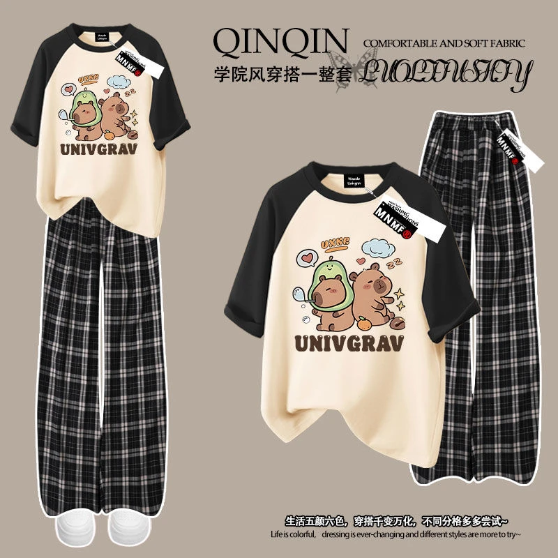 夏季女童洋气韩版卡皮巴拉印花100%纯棉短袖t恤格子裤套装中大童