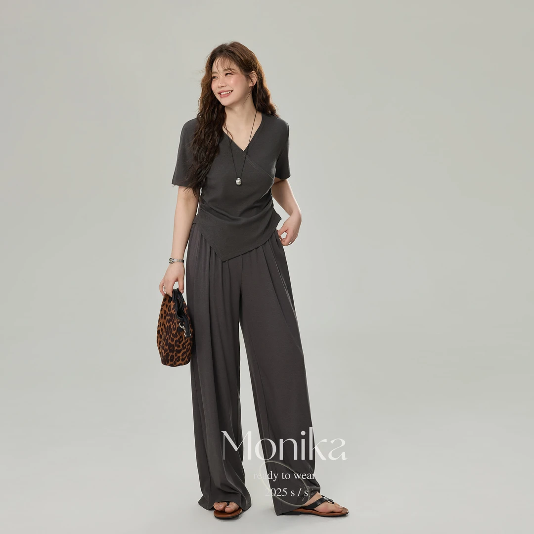 大码装胖mm气质V领上衣不规则短袖T恤两件套阔腿裤直筒裤75396