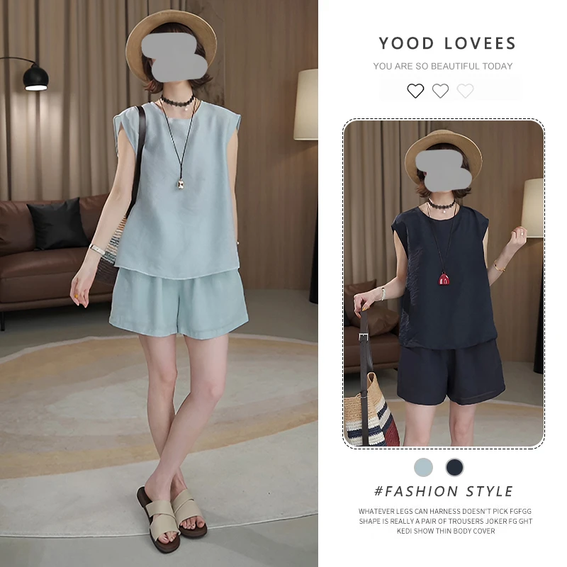 韩版简约夏装一整套2025新款圆领无袖露背系带上衣高腰短裤套装女