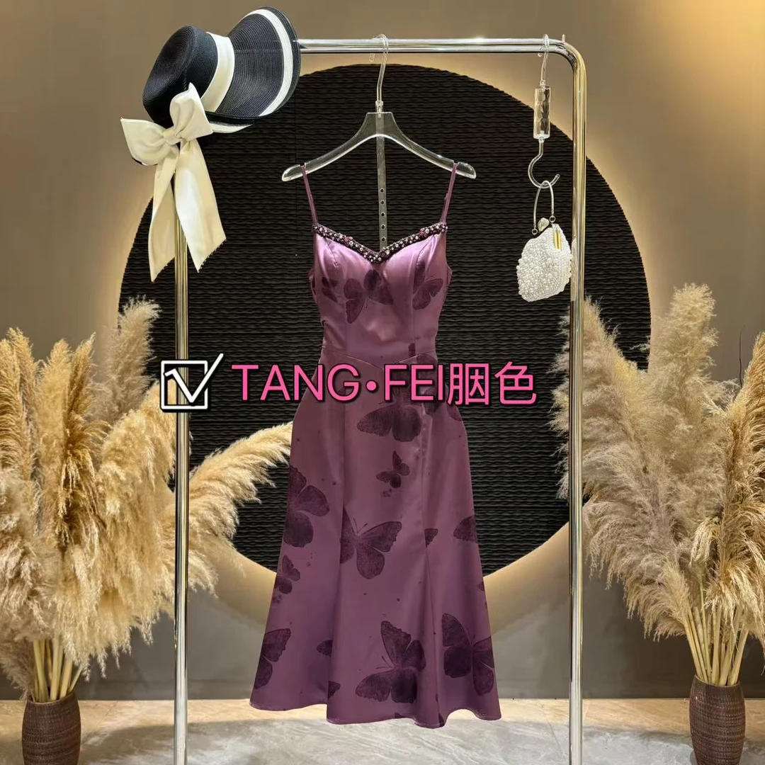 TANG-FEI胭色【蝴蝶仙紫】TF0072 高端轻奢气质吊带连衣裙