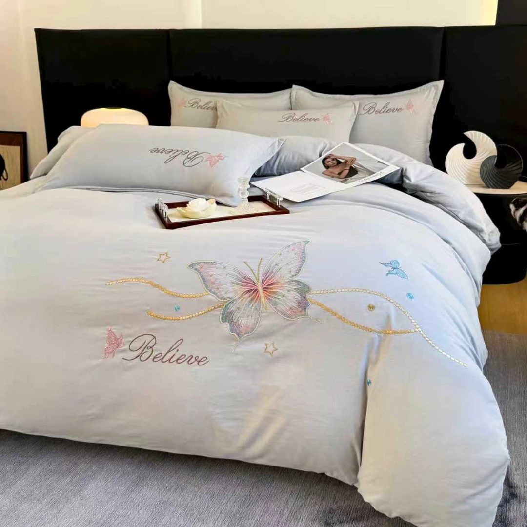 【灰色蝴蝶】100支纯色绣花公主风加厚磨毛印花韩版学生宿舍四件套