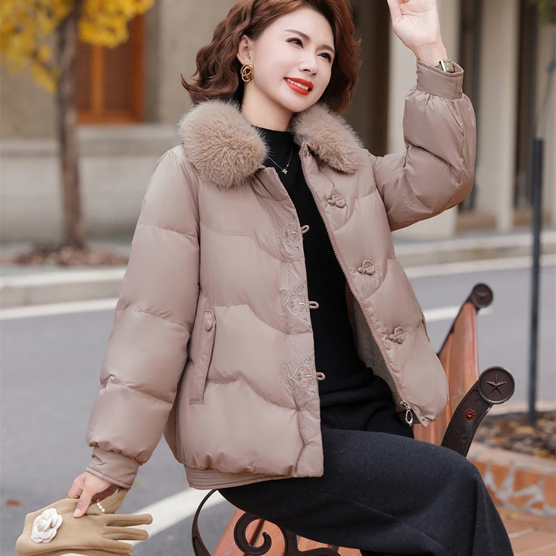 新中式妈妈冬装羽绒棉服50多岁国风刺绣中老年女加绒加厚棉衣袄子