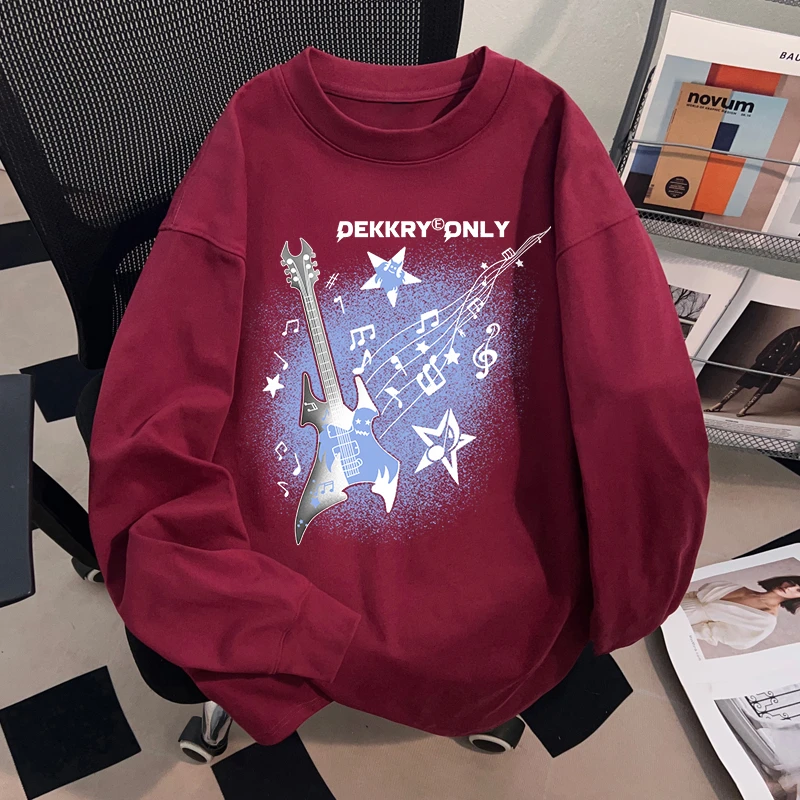 Dekkry时尚创意吉他字母印花酒红色纯棉长袖t恤男女秋冬宽松上衣