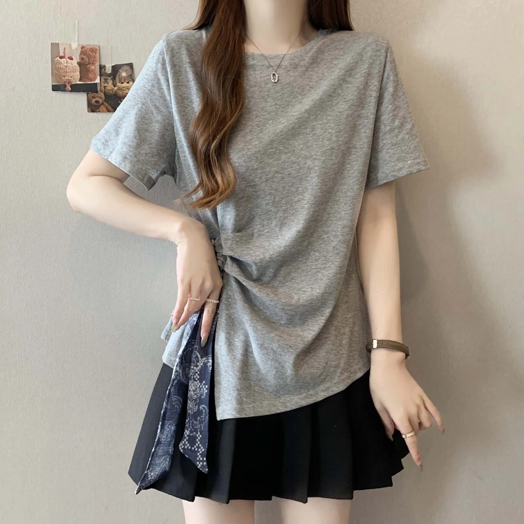 卡莲格/个性丝带百搭收腰针织T恤女夏季胖mm休闲遮肉显瘦减龄上衣