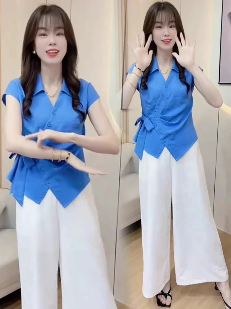 时尚复古衬衫女2025夏季新款洋气质减龄显瘦百搭系带收腰短袖上衣