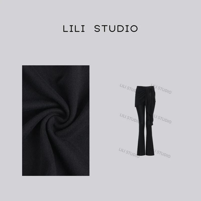 【黑色时尚】不理理夏季假两件系带修身显瘦休闲微喇裤0004