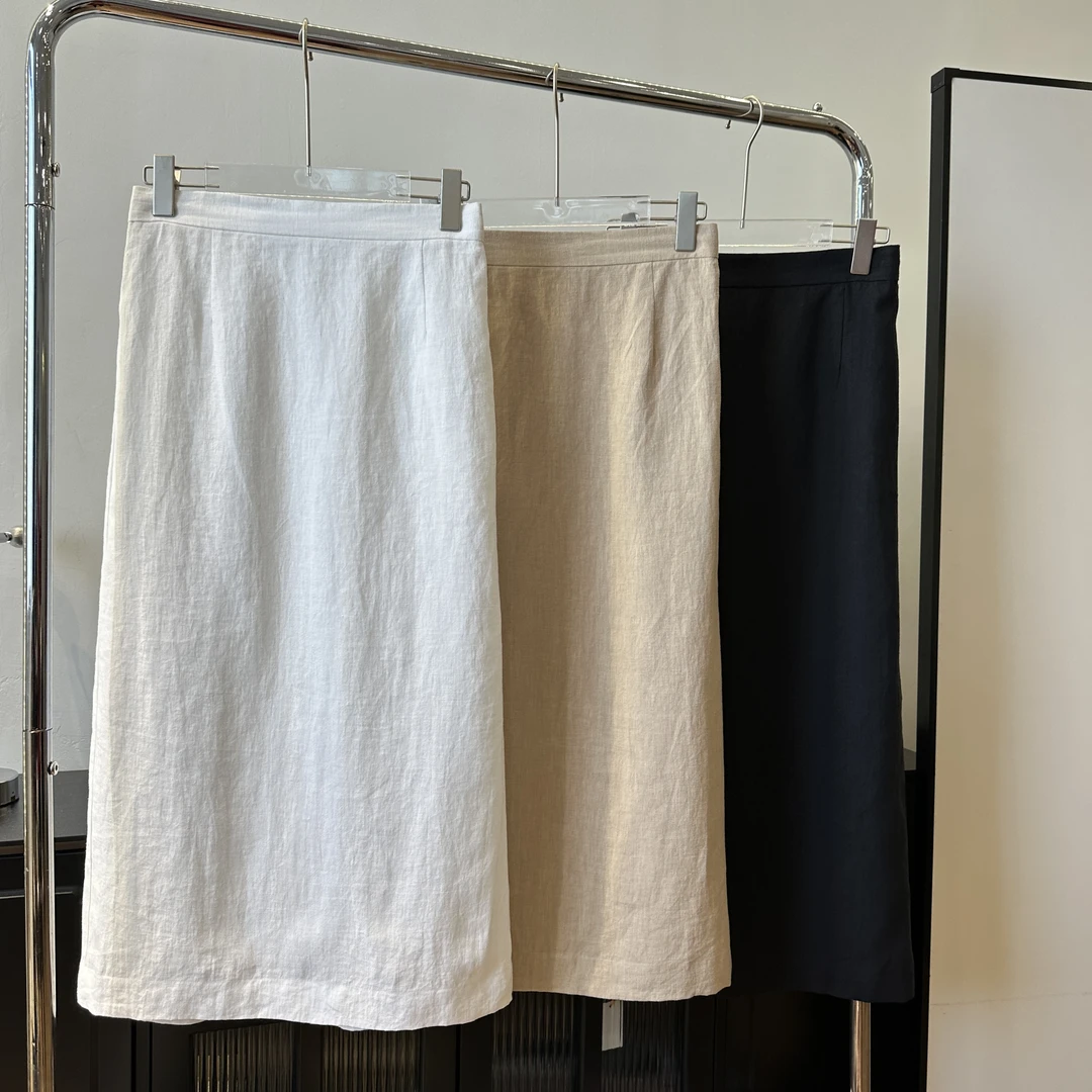 【柳条儿】14支砂洗汉麻西装腰头半松紧腰半裙后开叉时尚