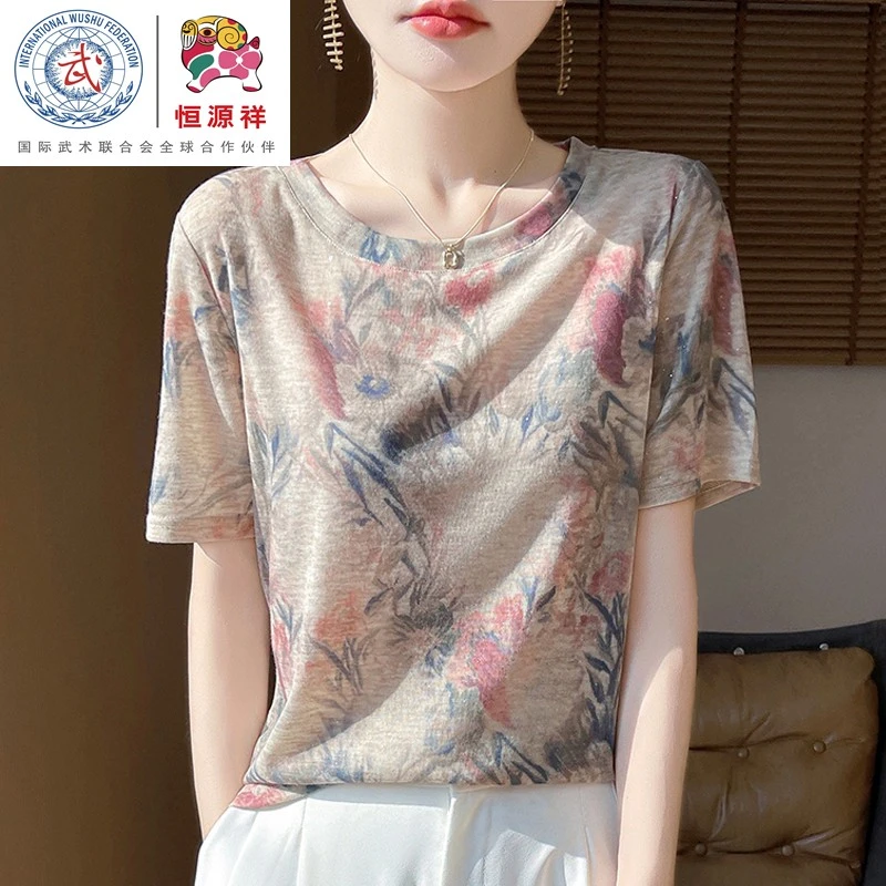 恒源祥彩羊夏季短袖桑蚕丝女薄款t恤圆领时尚印花宽松短款冰丝上