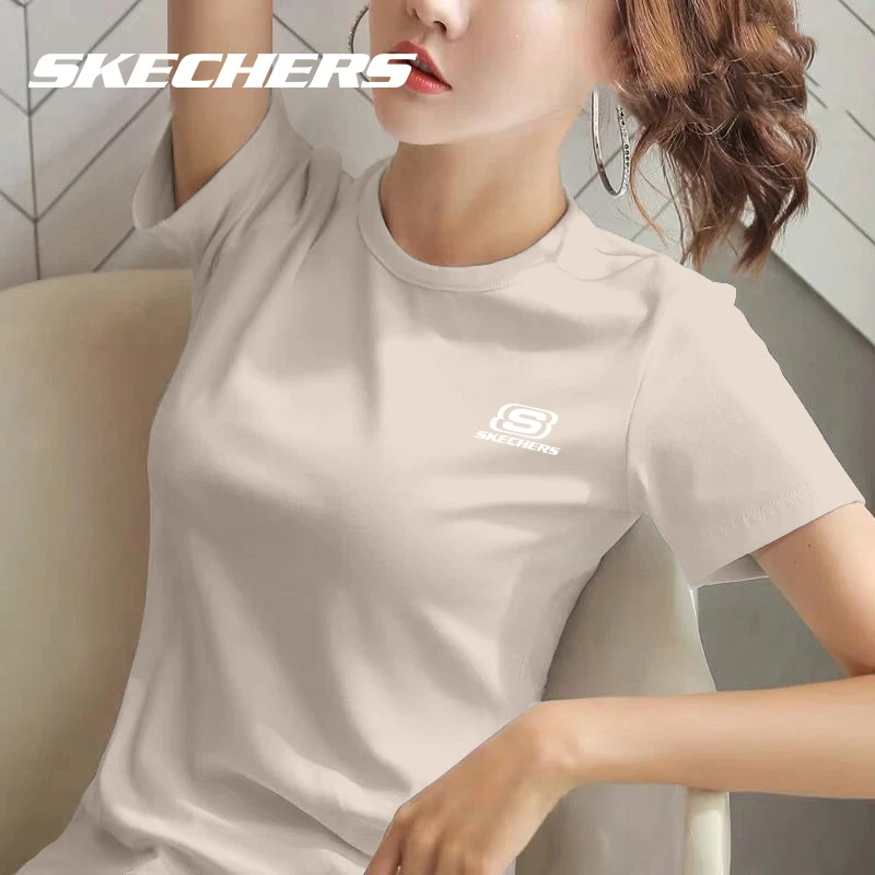 斯凯奇短袖女纯棉圆领宽松T恤百搭显瘦夏季透气时尚落肩半袖上衣