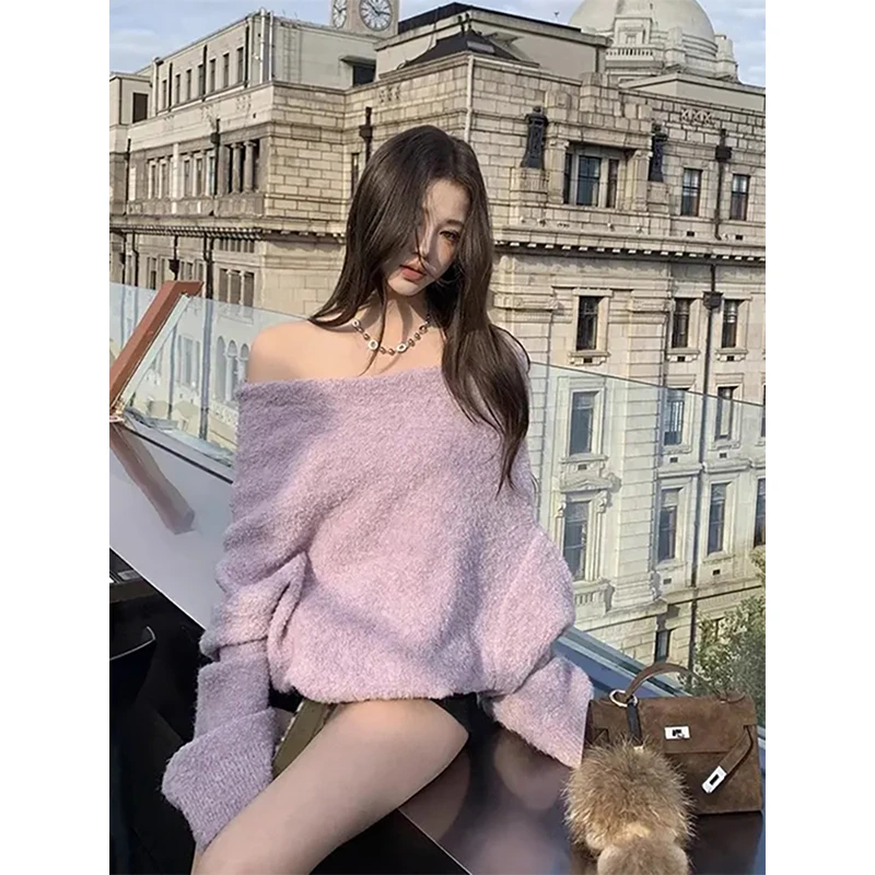 胖mm特大码女装温柔风秋季宽松毛衣针织衫女露肩百搭显瘦洋气上衣