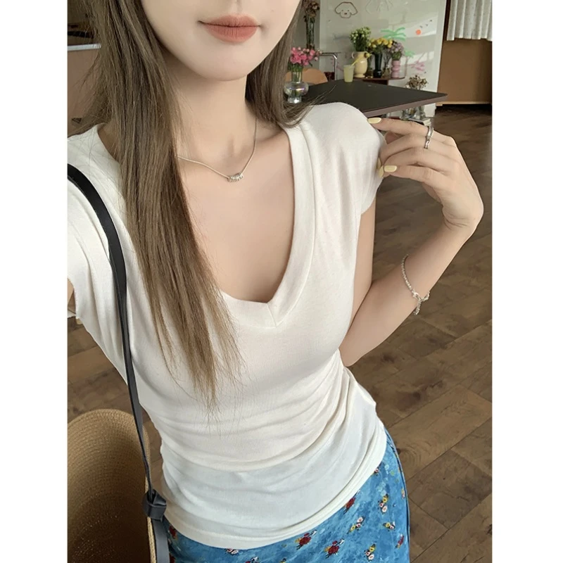 白色短袖v领正肩t恤女2025新款夏修身显瘦设计感独特漂亮掐腰上衣