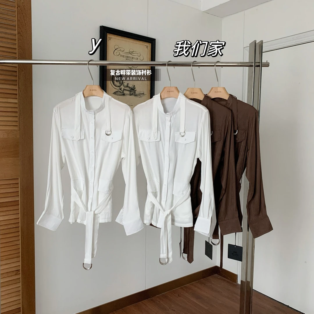 畔带装饰衬衫女春复古宽松落肩版型极简收腰随性长袖上衣