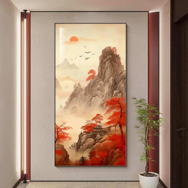 鸿运当头山水画玄关挂画2025最新款高级感中式玄关竖版画靠山招财