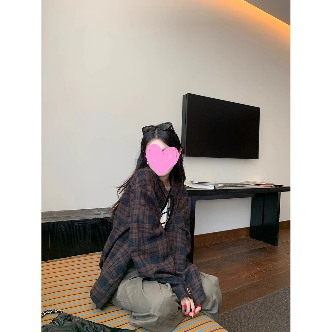 知意 夹克女棕黑格纹复古小众百搭上衣2025早秋新款宽松工装外套