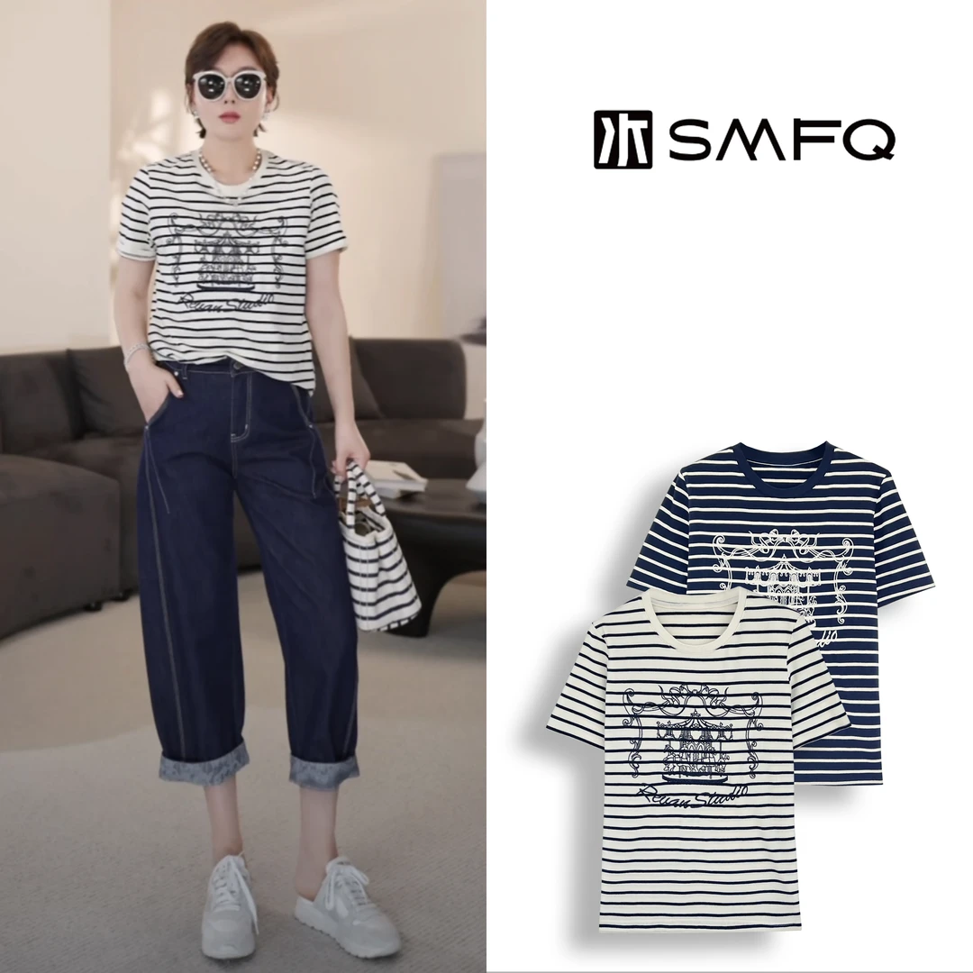 水木夫妻”雅典海岸”重工刺绣条纹显瘦流苏夏季短袖T恤女SMGD0690