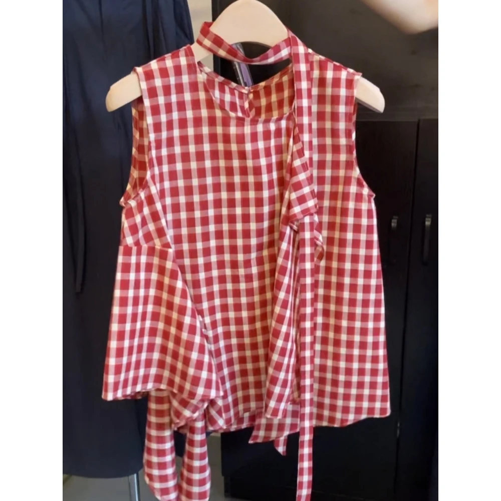 今年流行的漂亮绝美法式不规则格子衬衫女2025夏季荷叶边飘带上衣