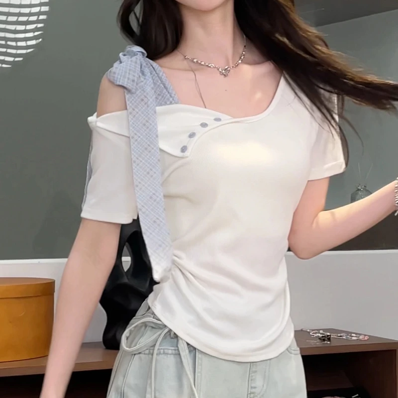 紫色纯欲2025新款甜美风不规则绑带蝴蝶结纽扣设计感修身短袖上衣