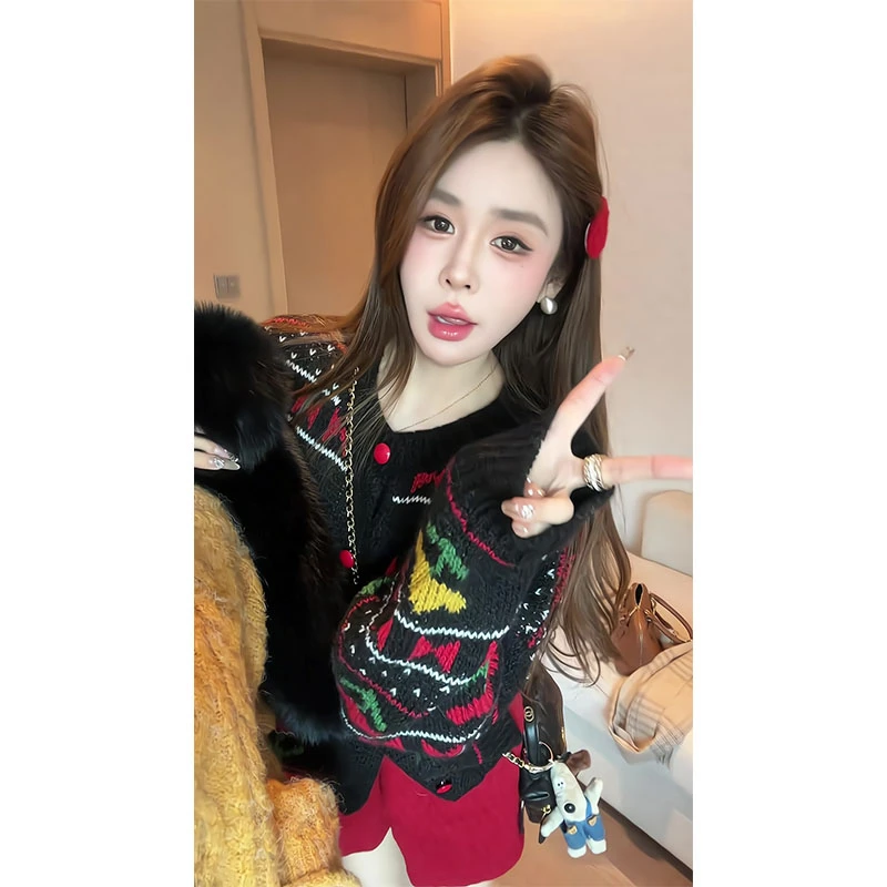 韩系复古提花针织开衫女2025秋冬慵懒风软糯毛衣外套上衣显瘦短裤