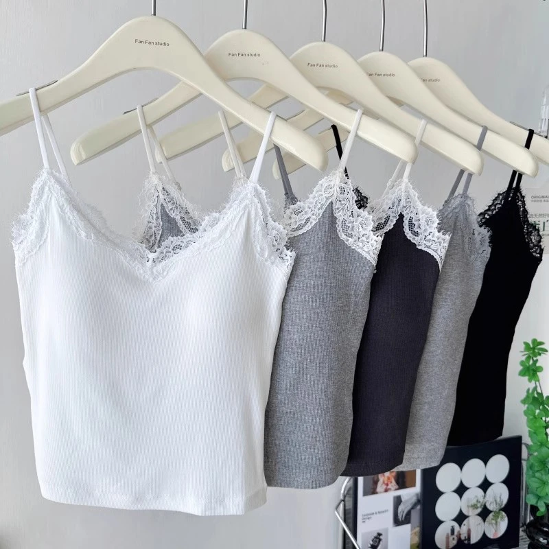 【程总专属】睫毛蕾丝螺纹百搭显瘦细肩带一体杯美背吊带背心女