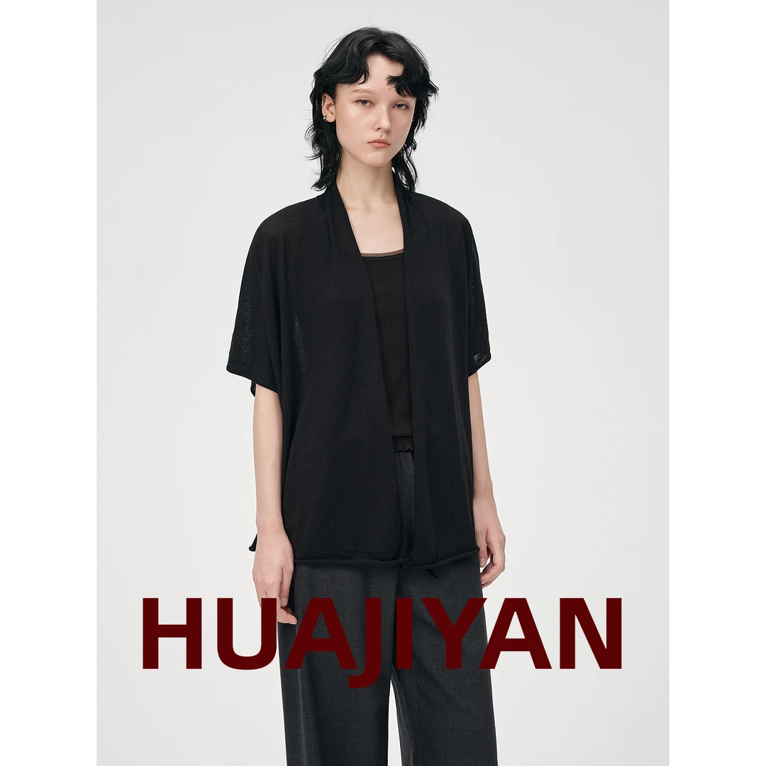 华吉言/HUAJIYAN【烟罗】亚麻天丝混纺中长款短袖外套披肩