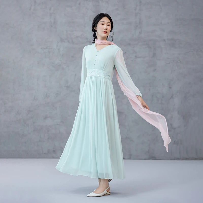 生活在左2025春桑蚕丝连衣裙优雅绣花手工串珠花仙子长裙1951055