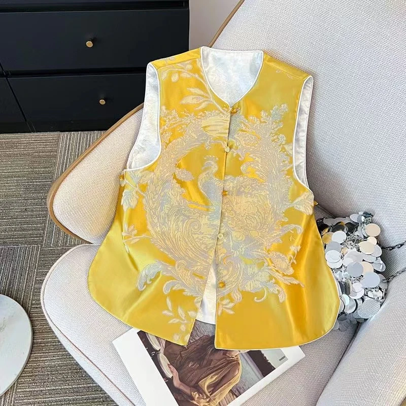 新中式女装马甲2025春季新款缎面提花坎肩国风马夹复古上衣7758