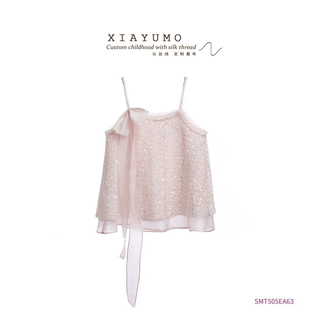 夏羽墨女童夏季新款冰粉色亮片吊带T恤时尚百搭可爱气质洋气上衣